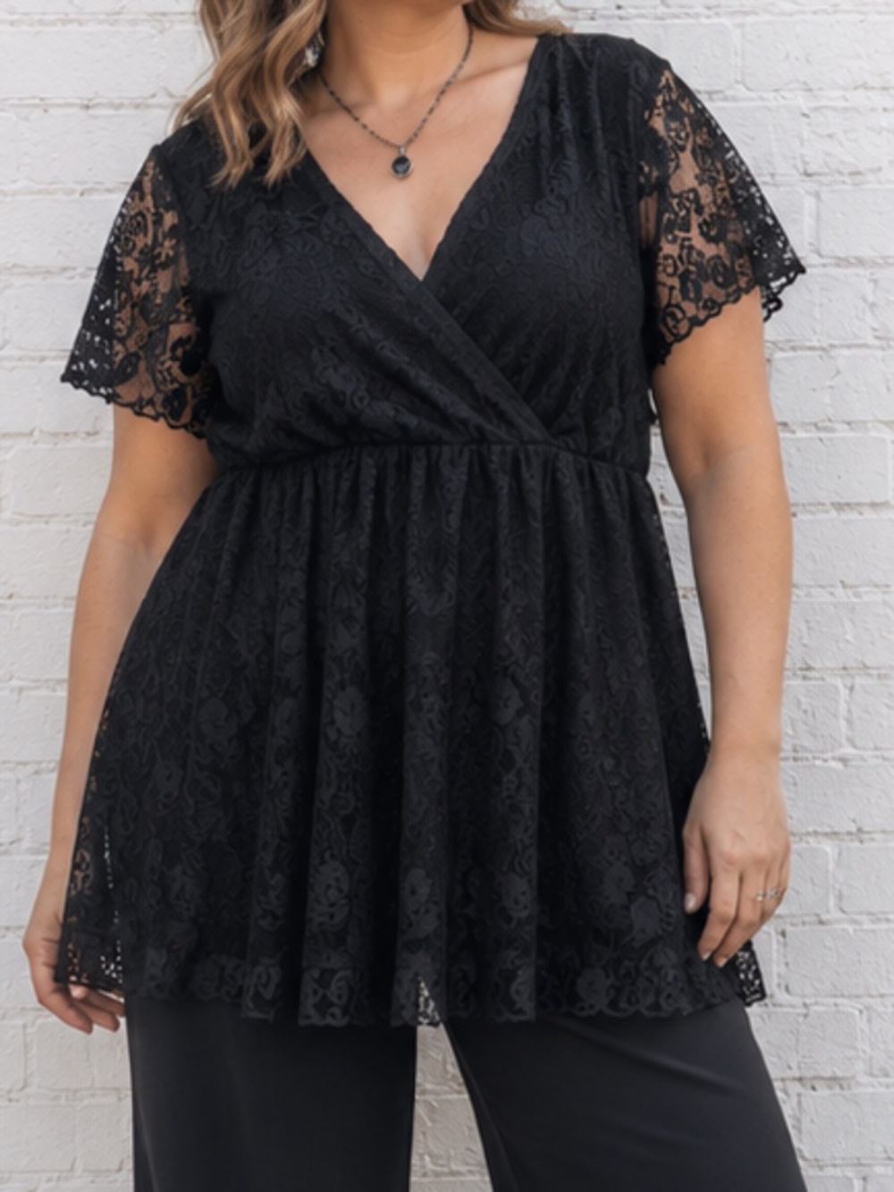 Y2K Black Floral Lace Babydoll Tunic Top Faux Wrap Whimsigoth 1X/2X